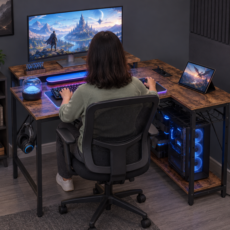L-shaped gaming desk set up in a compact corner with a monitor shelf - headphone hook and side storage