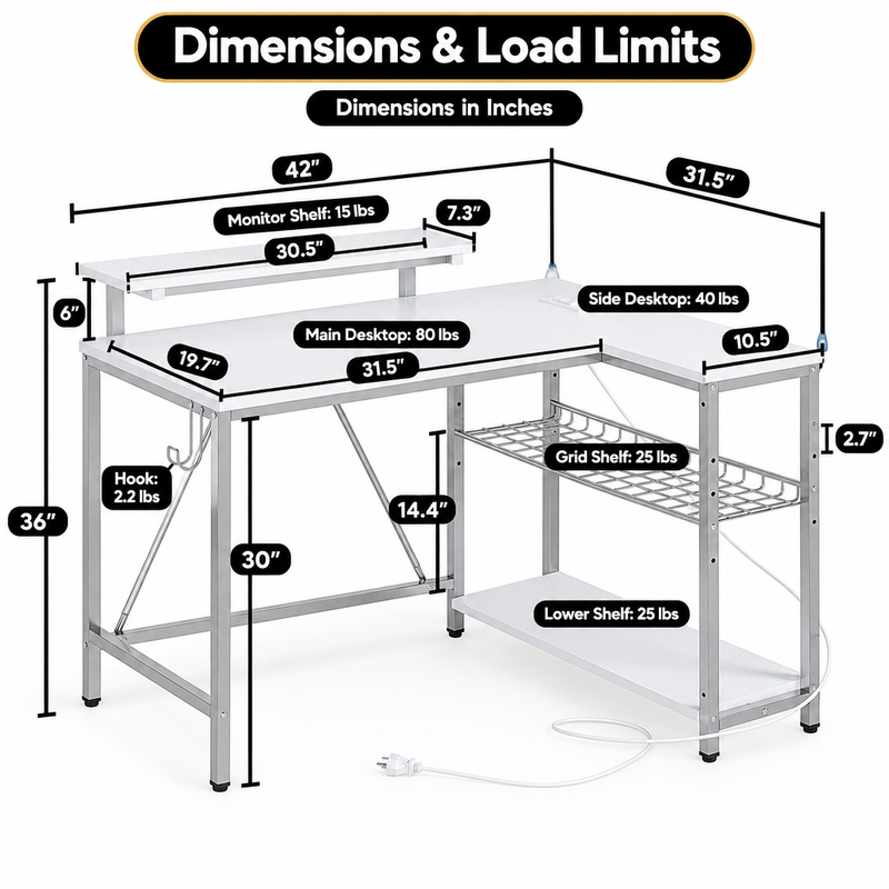 L-shaped gaming desk set up in a compact corner with a monitor shelf - headphone hook and side storage