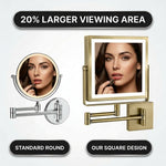 Square makeup mirror with 20% larger viewing area than a standard round mirror