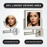 Square makeup mirror with 20% larger viewing area than a standard round mirror