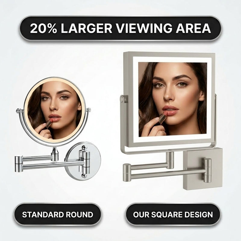 Square makeup mirror with 20% larger viewing area than a standard round mirror