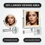 Square makeup mirror with 20% larger viewing area than a standard round mirror