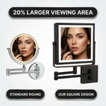 Square makeup mirror with 20% larger viewing area than a standard round mirror