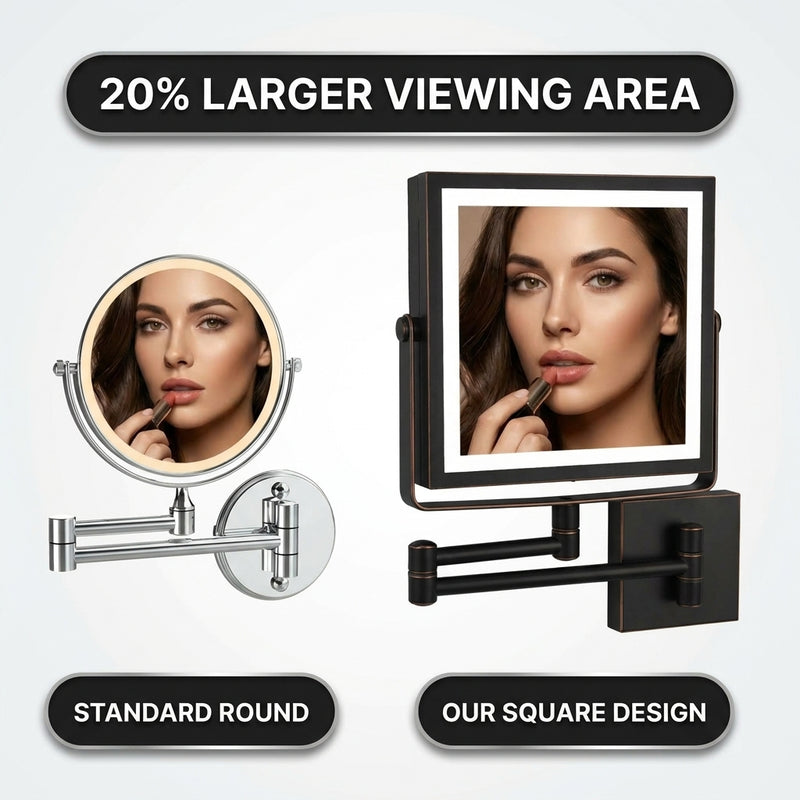 Square makeup mirror with 20% larger viewing area than a standard round mirror