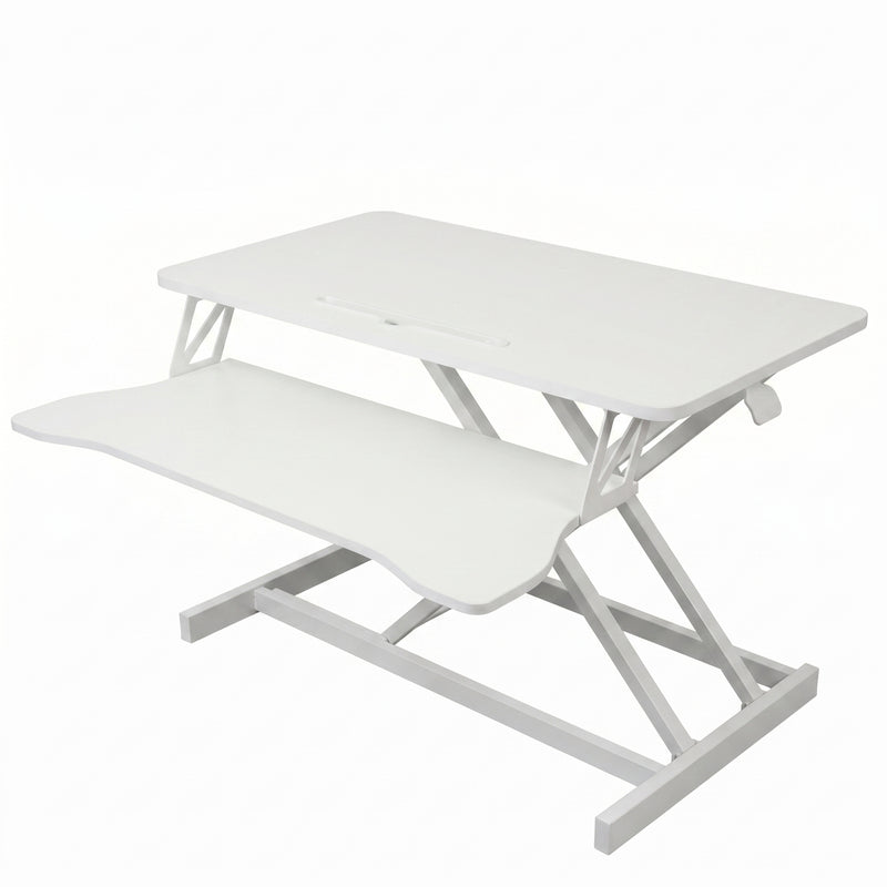 Black standing desk converter shown raised to standing height with keyboard tray extended