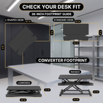 Footprint guide showing the standing desk converter on an L-shaped desk and a standard desk - raised and lowered