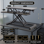 Dimension diagram showing the standing desk converter top - keyboard tray - height and base measurements