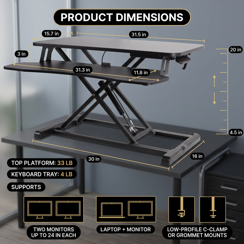 Dimension diagram showing the standing desk converter top - keyboard tray - height and base measurements
