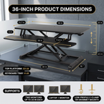 Dimension diagram showing the standing desk converter top - keyboard tray - height and base measurements