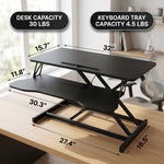 Standing desk converter dimension diagram showing 30 lb desktop capacity and platform measurements