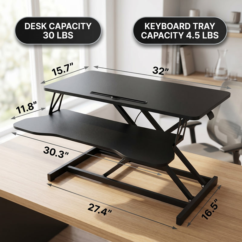 Standing desk converter dimension diagram showing 30 lb desktop capacity and platform measurements