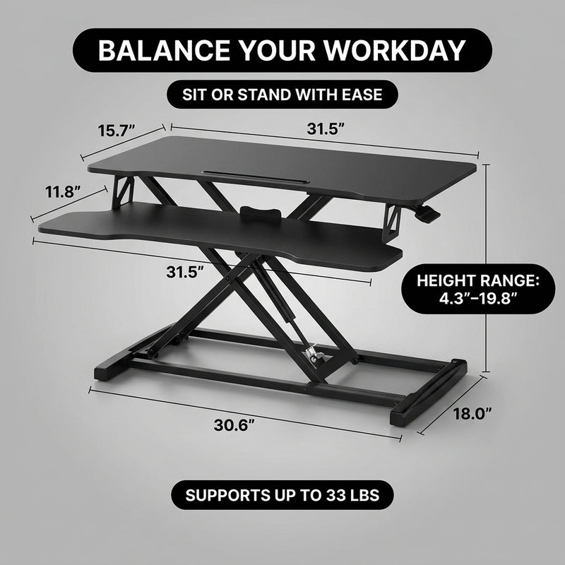 Standing desk converter dimension diagram showing 30 lb desktop capacity and platform measurements