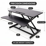 Standing desk converter dimension diagram showing 30 lb desktop capacity and platform measurements