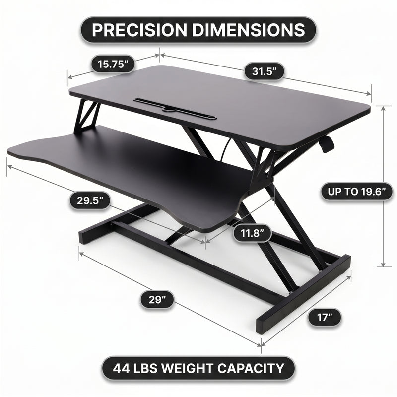 Standing desk converter dimension diagram showing 30 lb desktop capacity and platform measurements