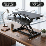 Standing desk converter dimension diagram showing 30 lb desktop capacity and platform measurements