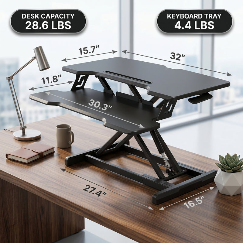 Standing desk converter dimension diagram showing 30 lb desktop capacity and platform measurements