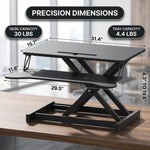 Standing desk converter dimension diagram showing 30 lb desktop capacity and platform measurements