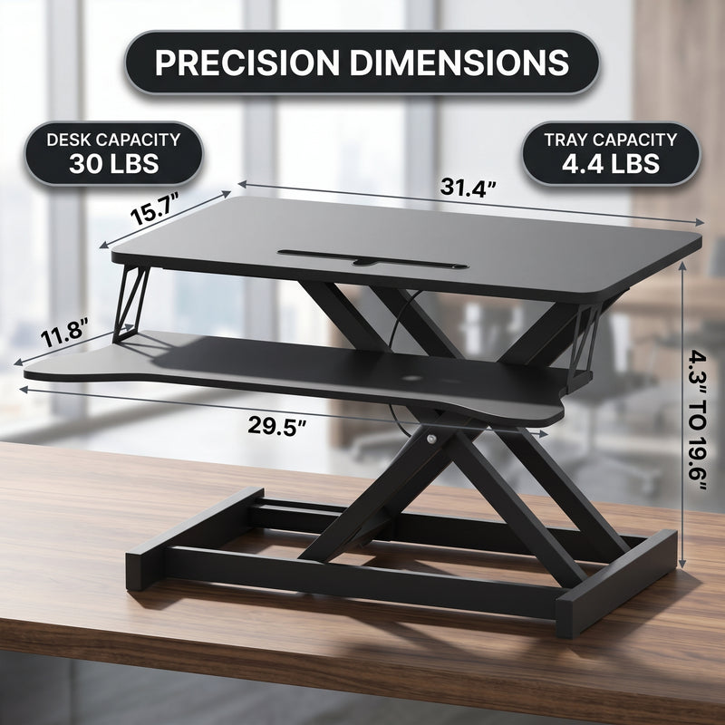 Standing desk converter dimension diagram showing 30 lb desktop capacity and platform measurements