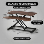 Standing desk converter dimension diagram showing 30 lb desktop capacity and platform measurements