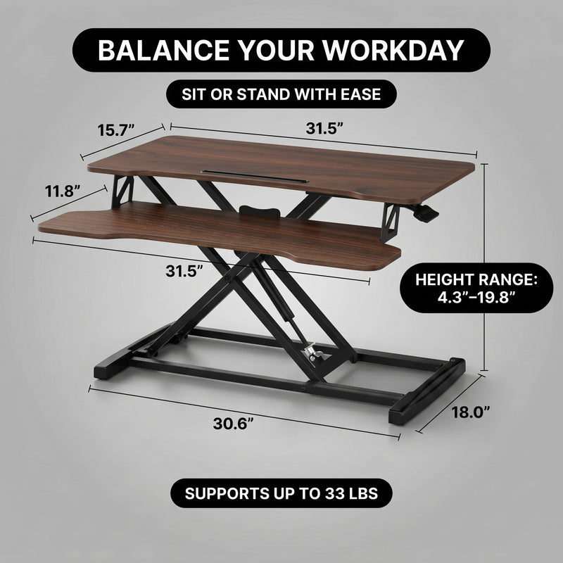 Standing desk converter dimension diagram showing 30 lb desktop capacity and platform measurements