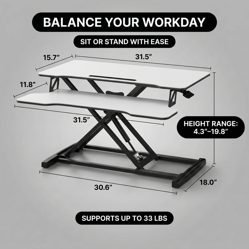 Standing desk converter dimension diagram showing 30 lb desktop capacity and platform measurements