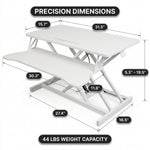 Standing desk converter dimension diagram showing 30 lb desktop capacity and platform measurements