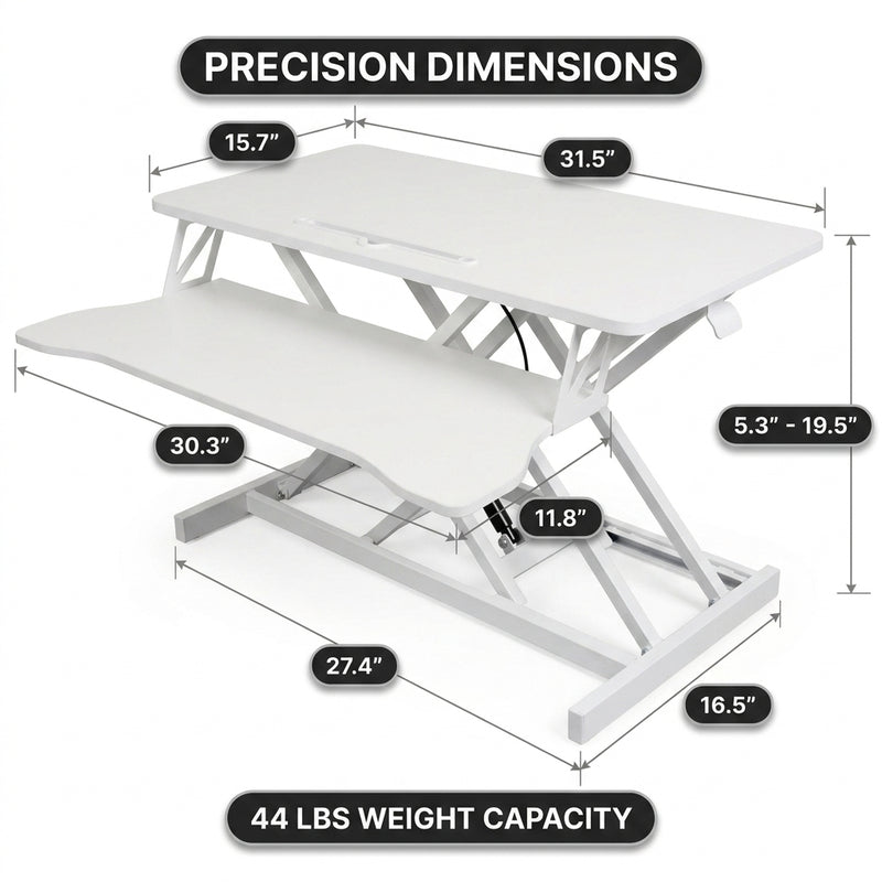 Standing desk converter dimension diagram showing 30 lb desktop capacity and platform measurements