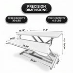 Standing desk converter dimension diagram showing 30 lb desktop capacity and platform measurements