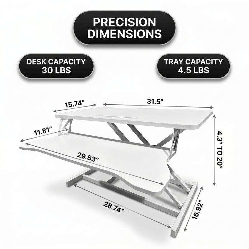 Standing desk converter dimension diagram showing 30 lb desktop capacity and platform measurements