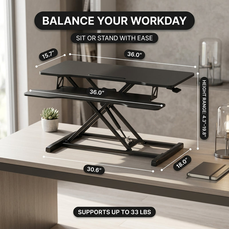 Standing desk converter dimension diagram showing 30 lb desktop capacity and platform measurements