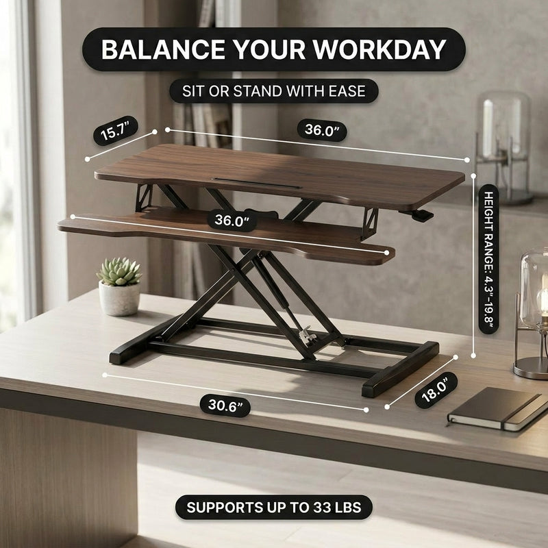 Standing desk converter dimension diagram showing 30 lb desktop capacity and platform measurements