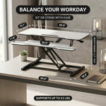 Standing desk converter dimension diagram showing 30 lb desktop capacity and platform measurements
