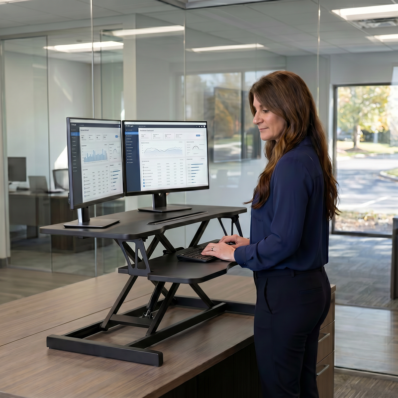 Woman standing at a black standing desk converter with dual monitors in a modern office