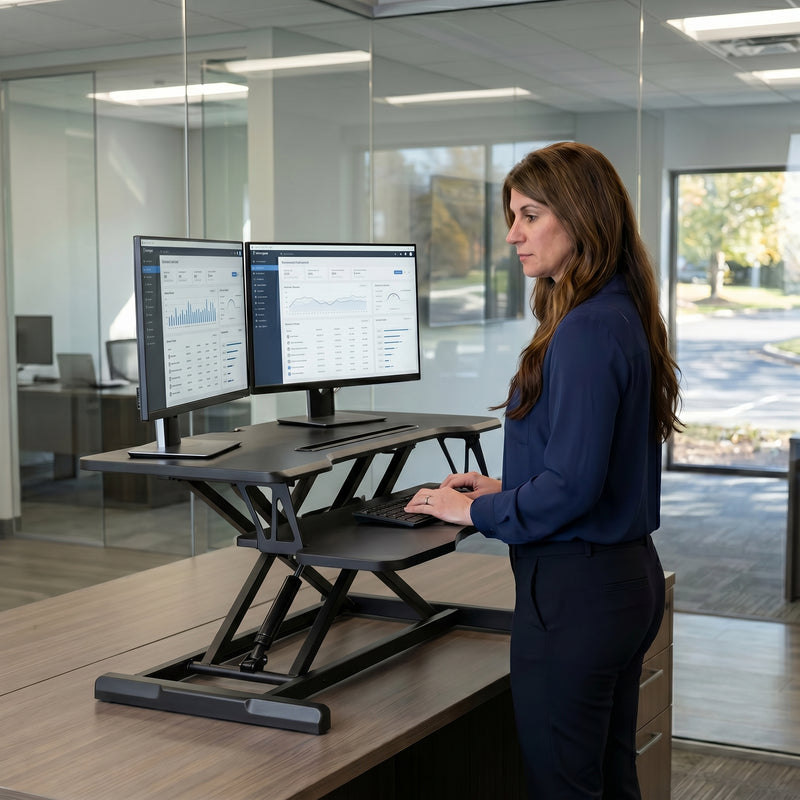 Woman standing at a black standing desk converter with dual monitors in a modern office