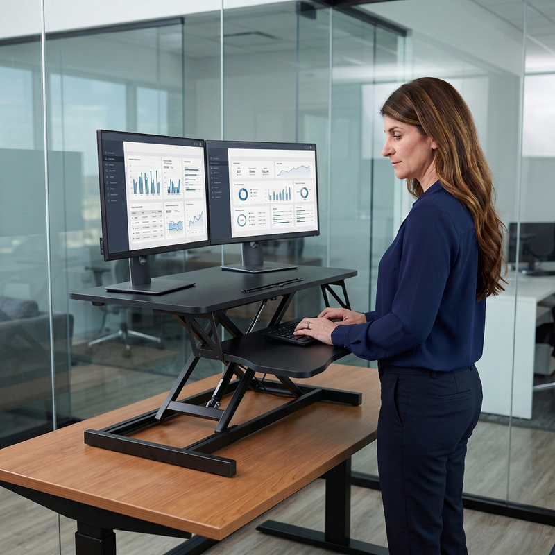 Woman standing at a black standing desk converter with dual monitors in a modern office