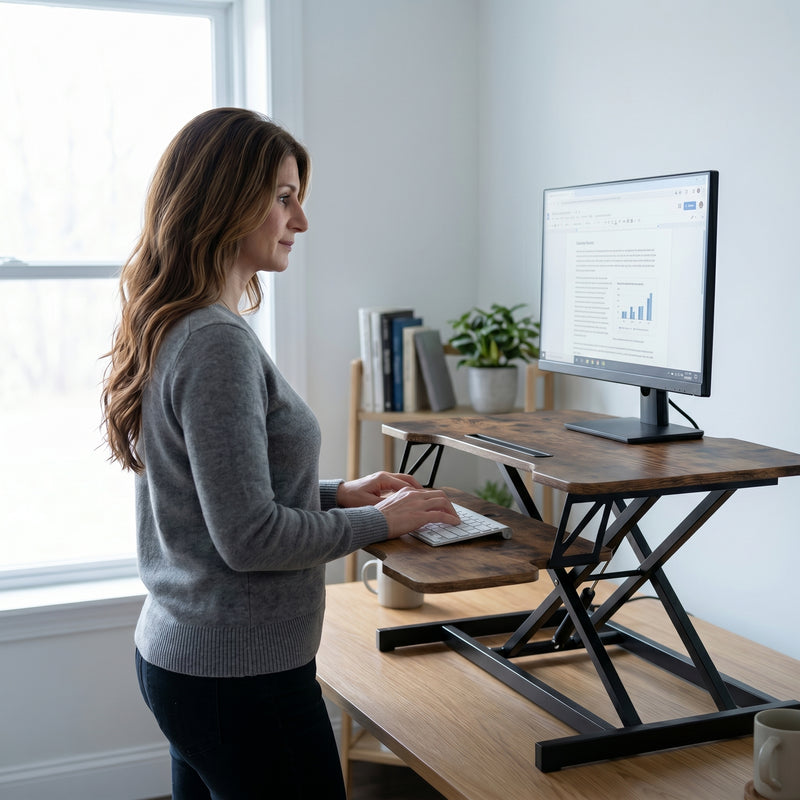 Woman standing at a black standing desk converter with dual monitors in a modern office