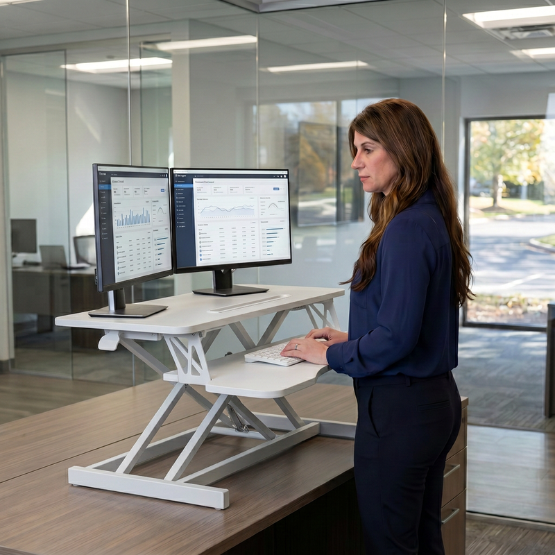 Woman standing at a black standing desk converter with dual monitors in a modern office
