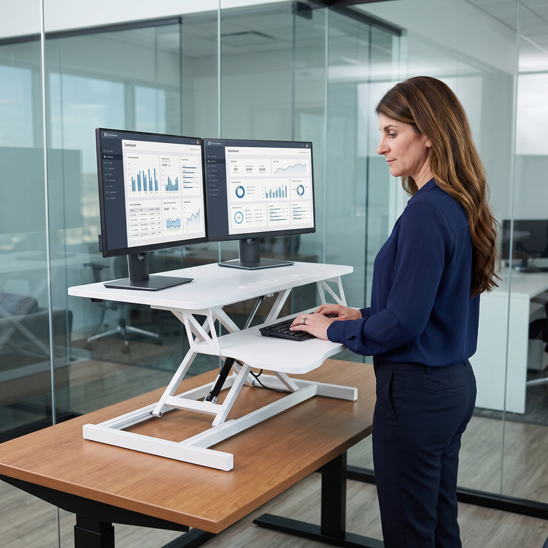 Woman standing at a black standing desk converter with dual monitors in a modern office