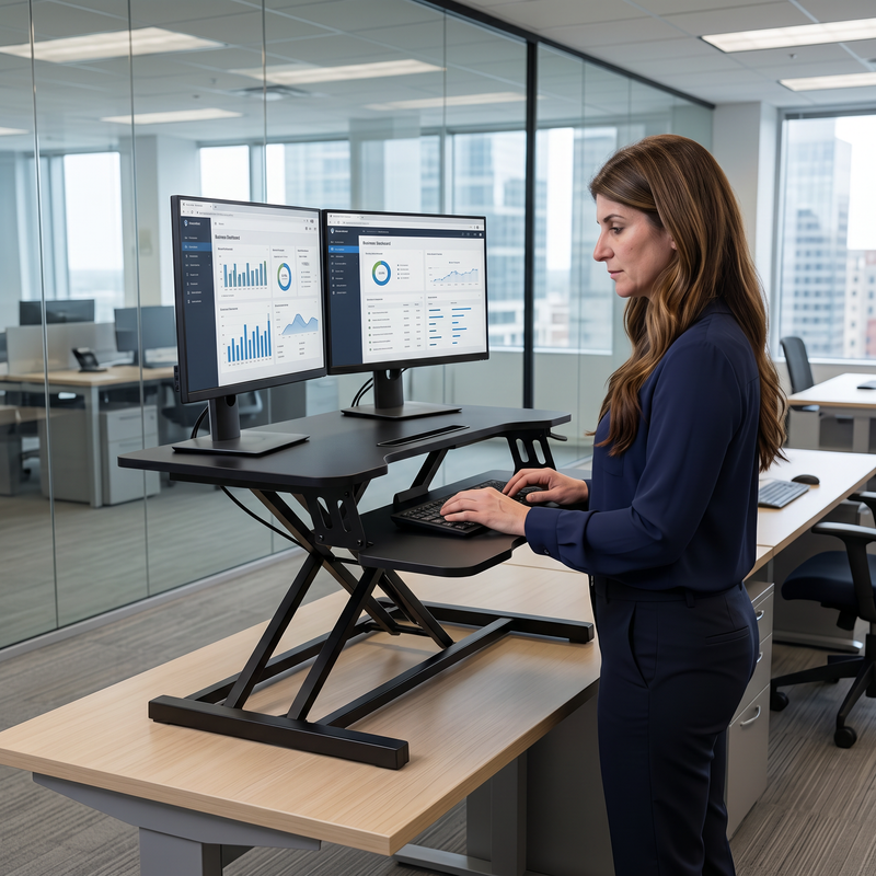Woman standing at a black standing desk converter with dual monitors in a modern office