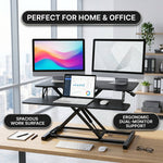 Standing desk converter height adjustment range diagram from 4.3 to 20 inches