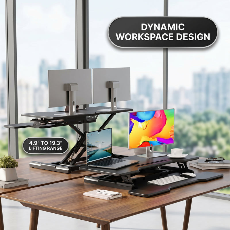 Standing desk converter height adjustment range diagram from 4.3 to 20 inches