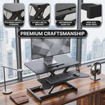 Standing desk converter height adjustment range diagram from 4.3 to 20 inches