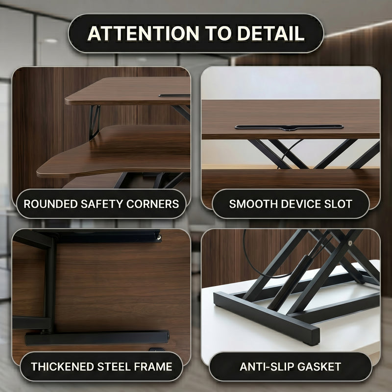 Standing desk converter height adjustment range diagram from 4.3 to 20 inches