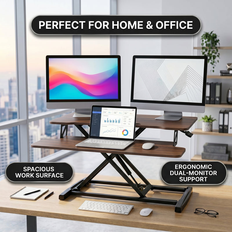 Standing desk converter height adjustment range diagram from 4.3 to 20 inches