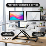 Standing desk converter height adjustment range diagram from 4.3 to 20 inches
