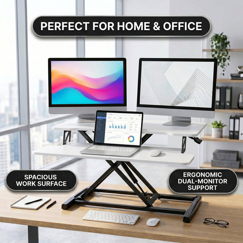Standing desk converter height adjustment range diagram from 4.3 to 20 inches