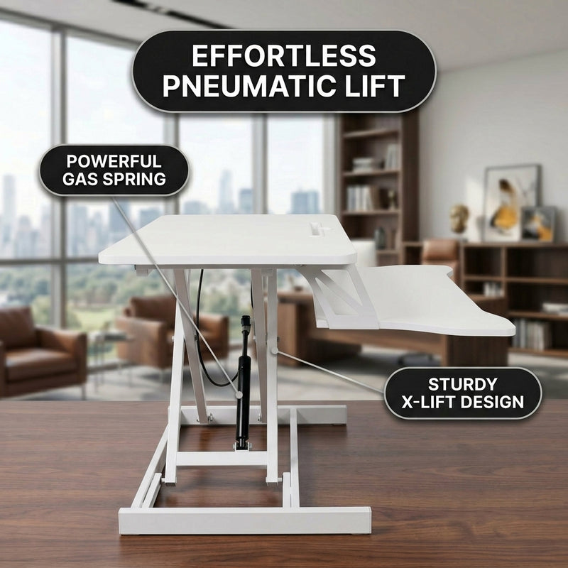 Standing desk converter height adjustment range diagram from 4.3 to 20 inches