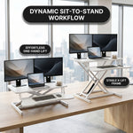 Standing desk converter height adjustment range diagram from 4.3 to 20 inches