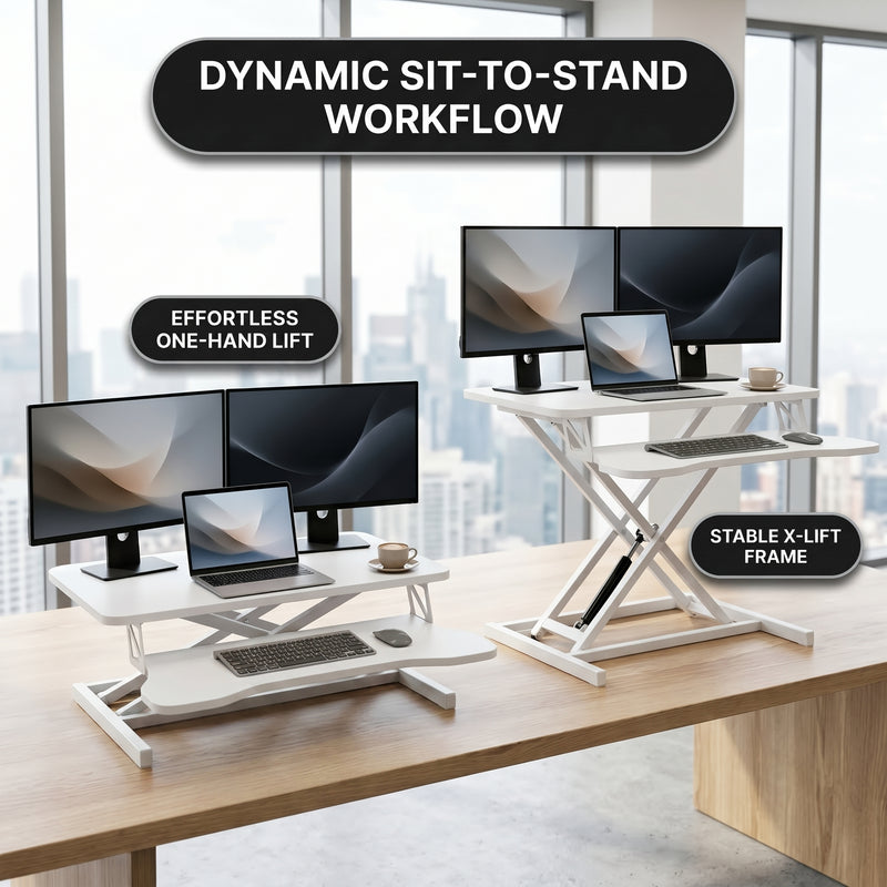 Standing desk converter height adjustment range diagram from 4.3 to 20 inches