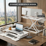 Standing desk converter height adjustment range diagram from 4.3 to 20 inches